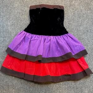 Vintage 80s AJ Bari Colorblock Velvet Taffeta Tiered Strapless Dress Prom Party